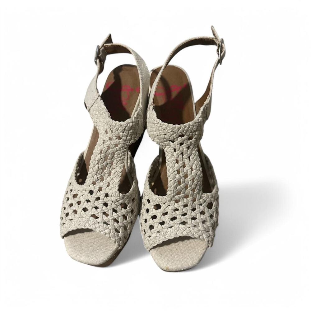 Cream and tan open toe wedge sandals